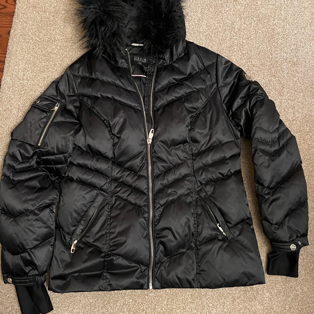Steve Madden Black Puffer Jacket with Faux Fur Hood